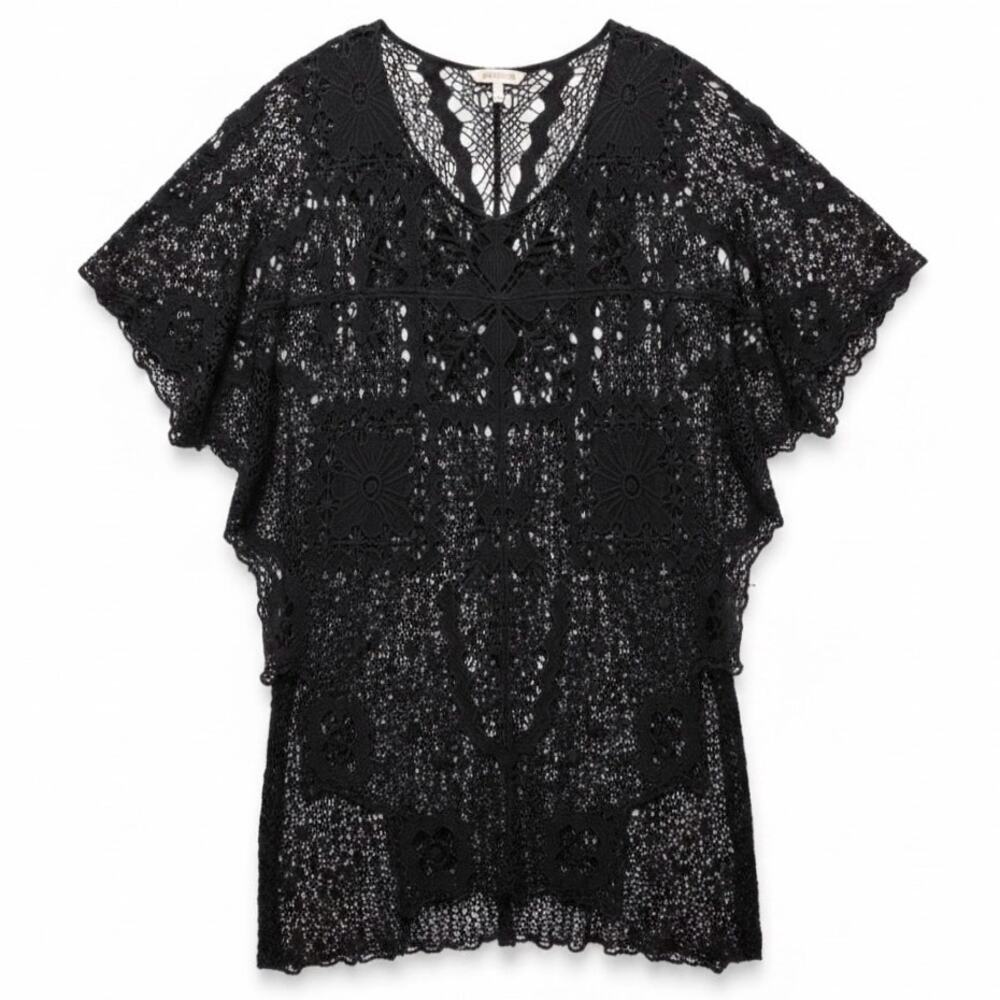FREE PEOPLE Sheer CROCHET & LACE Top LINEN Blend SHORT SLEEVE Black Size M/L